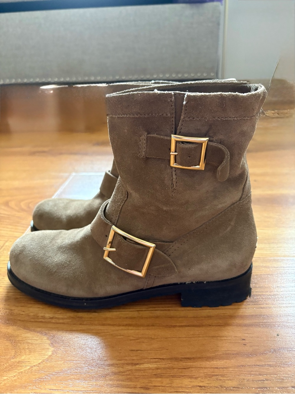 Jimmy Choo Taupe Moto Suede Ankle Buckle Boots 37